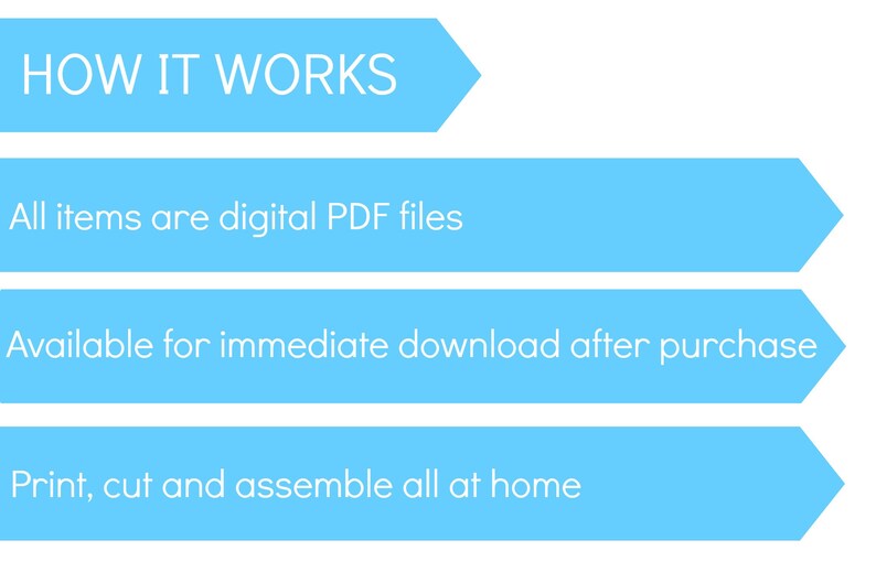 May include: A graphic with the text "HOW IT WORKS" in white on a light blue background. The steps include digital PDF files, immediate download, and home assembly.