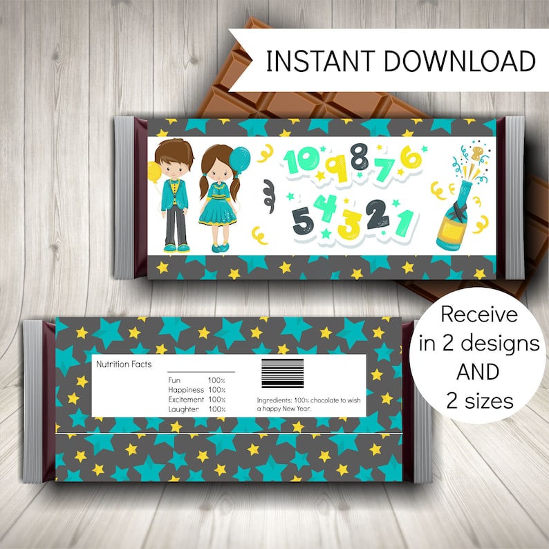 May include: Printable chocolate bar wrapper design featuring a cartoon couple in blue and green outfits with balloons, a champagne bottle, and the numbers 10, 9, 8, 7, 6, 5, 4, 3, 2, 1. The wrapper has a gray background with teal and yellow stars. The text "Instant Download" is at the top of the image. The text "Receive in 2 designs AND 2 sizes" is at the bottom of the image.