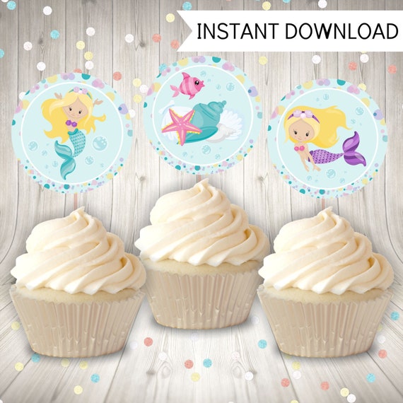 Mermaid Birthday Party Cupcake Toppers, Printable Cupcake Decorations, Instant Download by Smart