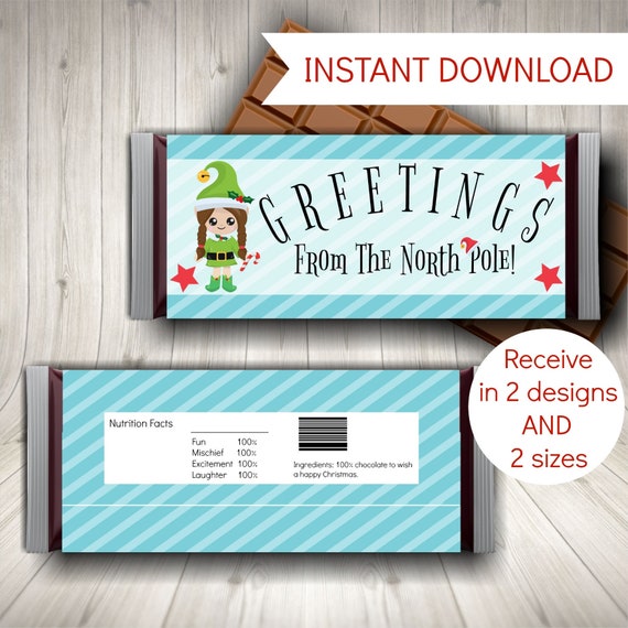 Christmas Elf Candy Bar Wrappers, Printable Stocking Filler or Party Favor Il_570xn