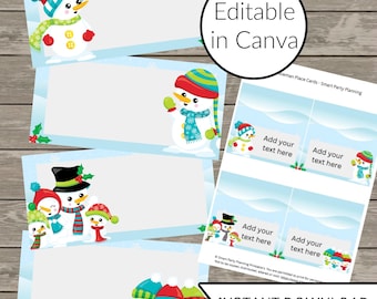 Editable Snowman Christmas Place Cards: Instant Download Winter Party Decorations