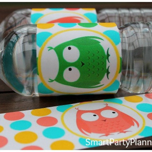 Cute Owl Water Bottle Labels in Polkadot Design