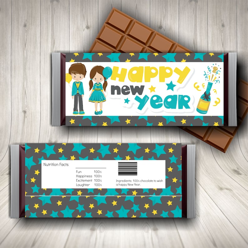 May include: A chocolate bar wrapper with a blue, yellow, and gray star pattern. The wrapper has a white label with the text "Happy New Year" and a cartoon illustration of a boy and girl. The label also includes the text "Nutrition Facts" and a list of ingredients.
