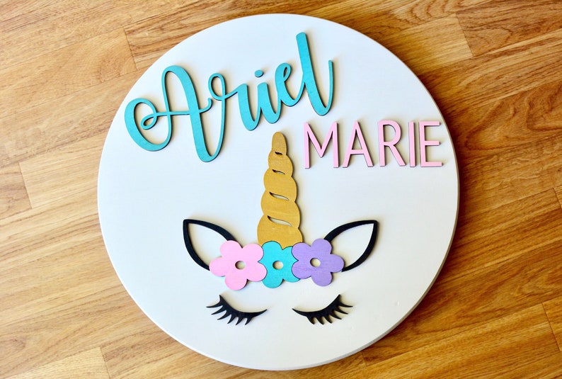 unicorn name sign unicorn wood sign unicorn round sign etsy