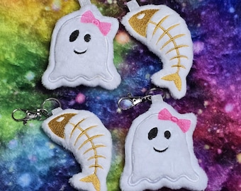 Plush Ghost or Fish bone keyring, keychain, bag charm, gift, cute plushie.