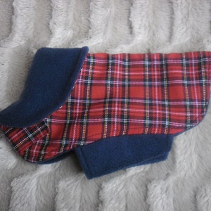 Red Stewart tartan fabric fleece lined dog puppy coat jacket.