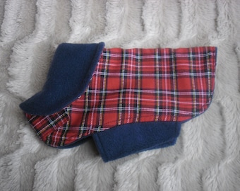 Red Stewart tartan fabric fleece lined dog puppy coat jacket.