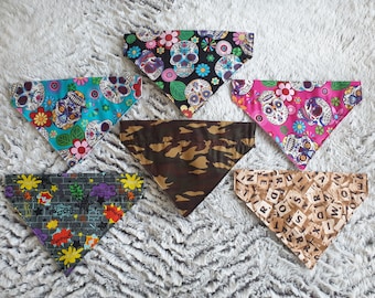 Sugar skull Dog bandana (slide on collar) neckerchief scarf Cotton prints.