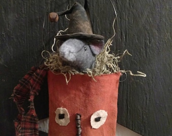 Wool Felt Mouse in Pumpkin Pocket, Halloween Decoration (9.5")