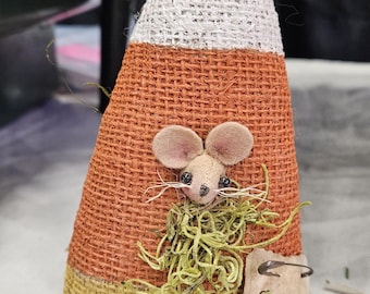 Primitive Halloween Candy Corn Burlap Mouse, Fall Decor