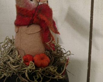 Colby, wool felt mouse sitting on a prim hand painted pumpkin