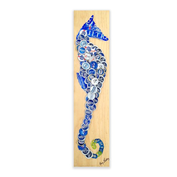 Blue Seahorse Beer Cap Art, Signed Original, 5 1/2