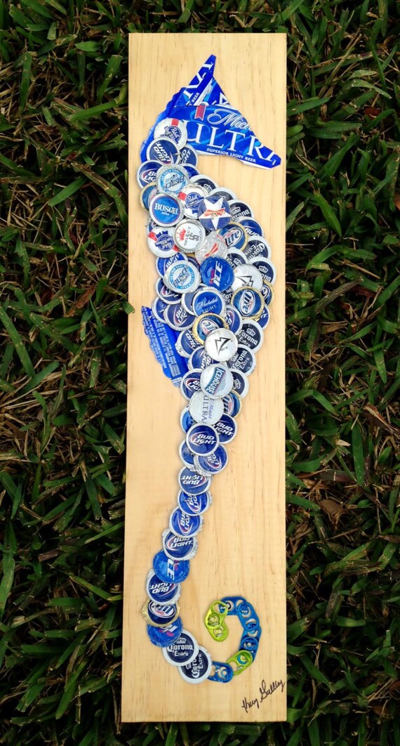 Blue Seahorse Beer Cap Art, Signed Original, 5 1/2