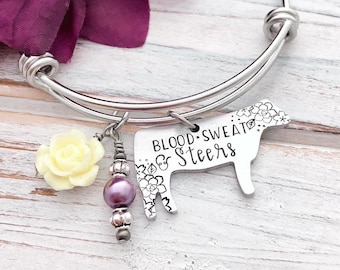 Blood Sweat and Steers Cow Cattle Cowgirl Rose Rancher Wife Farm Mom Mother's Day Ag Fair Livestock Showing Gift For Her Necklace
