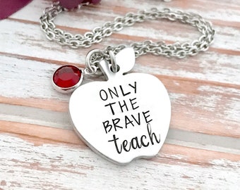 Only The Brave Teach Red Apple Pendant Gift For Teacher Appreciation Day School From Student Paraeducator Principal Necklace