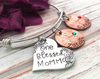 One Blessed Grandma Penny Bangle Bracelet, Personalized Mother's Day Christian Gift for Mom, Custom Birthstone Charm Bracelet, Lucky Pennies