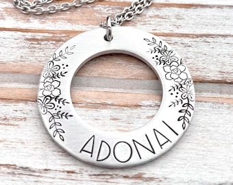 Adonai Name Of God Floral Hand Stamped Aluminum Washer Pendant Necklace Religious Gift For Her