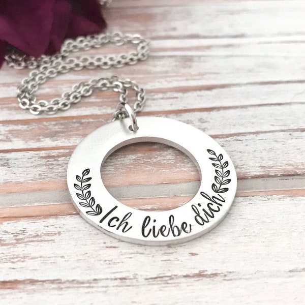 Ich Liebe Dich German Washer Pendant I Love You Mom Mutter Mother's Day Grandma Oma Hand Stamped Washer Floral Branch Vine Necklace