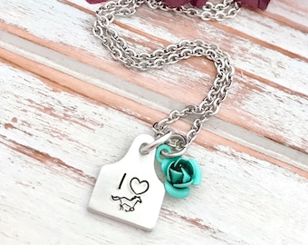 I Love Horses Tiny Small Petite Cattle Tag Pendant Hand-Stamped Heart Rose Your Choice Chicken Cow Sheep Mama Bear Necklace