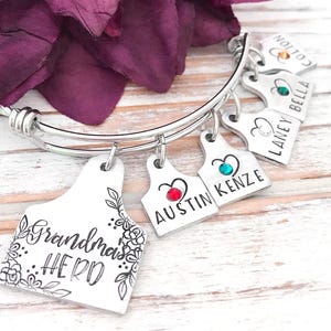 Grandmas Herd Cattle Tag Cow Ear Number Rancher Grandmother Nana Wife Mom Mother Mother&#39;s Day Gift Birthstone Personalized For Her Bracelet
