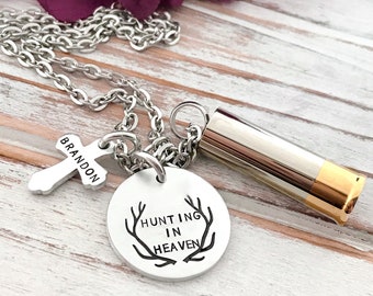 Hunting In Heaven Bullet Shotgun Shell Urn Antler Cross Memorial Pendant In Memory Of Him Hunter Remembrance Gift Necklace