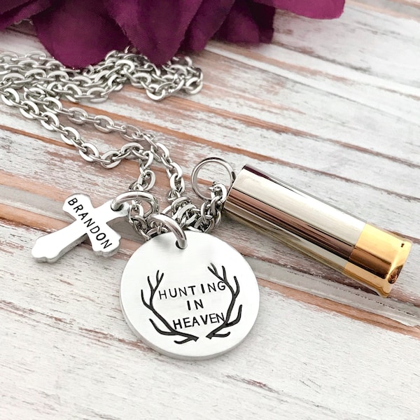 Hunting In Heaven Bullet Shotgun Shell Urn Antler Cross Memorial Pendant In Memory Of Him Hunter Remembrance Gift Necklace