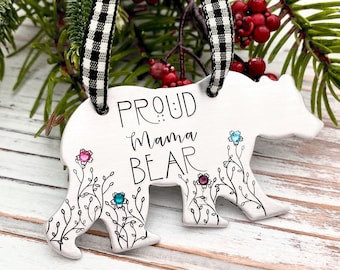 Proud Mama Bear Wildflower Cubs Floral Personalized Unique Birthstone Custom Christmas Ornament Adventure Mother’s Day Nana Grandma Gift
