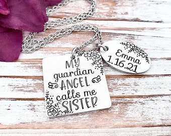 My Guardian Angel Calls Me Sister Infant Pregnancy Loss Memorial Necklace Baby Keepsake Miscarriage Pendant Grief Grieving Sibling Gift