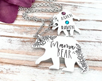 Mama Bear Pendant and Her Cubs Floral Personalized Birthstone Necklace Unique Adventure Hiking Mother’s Day Gift