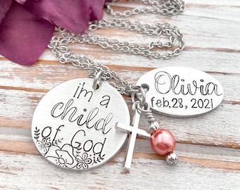 I Am A Child Of God Hand Stamped Baptism Necklace Personalized Confirmation Baptismal Gift