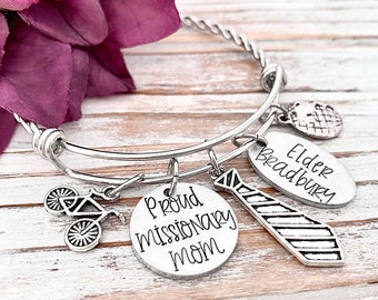 Proud Missionary Mom Bracelet LDS Jewelry Elder Mission For Her Bicycle Tie Globe Hand Stamped Bangle Gift for Mormon Mom