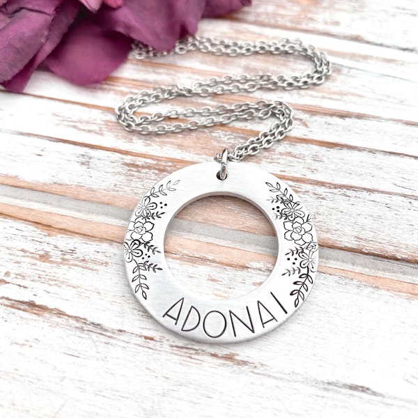 Adonai Name Of God Floral Hand Stamped Aluminum Washer Pendant Necklace Religious Gift For Her