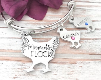 Mamas Flock Chicken Farmer Chick Poultry Rancher Grandmother Nana Wife Mom Mother Mother's Day Gift Birthstone Personalized For Her Bracelet