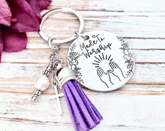 Made To Worship Praise Hands Floral Keychain Tassel Cross Christian Key Ring Gift