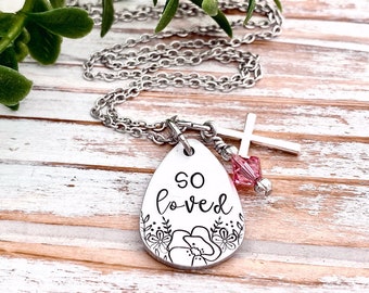 So Loved Romans 5:8 Hand Stamped Easter Baptism Necklace Personalized Confirmation Baptismal Gift