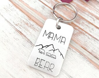 Mama Bear and Cubs in the Mountains Keychain Mountain Range Scene Bear Cubs Custom Hand Stamped Key Ring Mother's Day Gift For Her