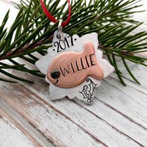Miniature Fish Kitty Cat Pet First Christmas Snowflake Small Personalized Hand Stamped Ornament