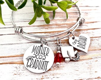 Mother of the Graduate Gift Personalized Bangle Charm Bracelet Your Choice Of Charms Mom Mama Mommy Parent Grad Gift Idea