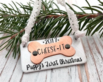 Hand Stamped Personalized Puppy's First Christmas Copper Dog Bone Brushed Finish Aluminum Ornament