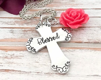 Blessed Cross Faith Religious Christian Biblical Verse Inspirational Bible Hand Stamped Aluminum Rose Flower Pendant Hand Stamped Jewelry