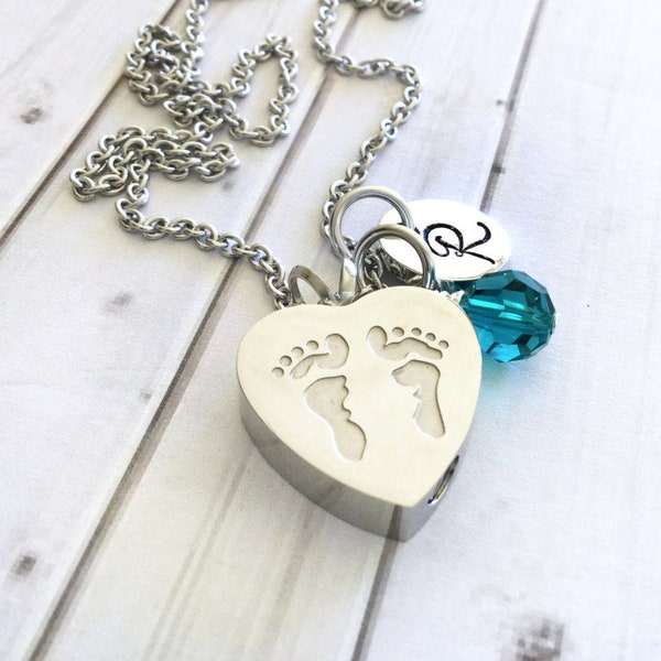 Infant Loss Cremation Urn - Pregnancy Loss Memorial Necklace - Angel Baby Keepsake Necklace - Baby Footprint Necklace - Birthstone Necklace