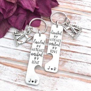 Divided By Hitches United By Love - Matching Keychain Set - Custom Hand Stamped -  Personalized Oilfield Key Ring Gift - Roughneck - Oil Rig