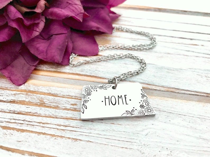 North Dakota Home State Pendant Charm Necklace State Pride Floral Prairie Rose Jewelry