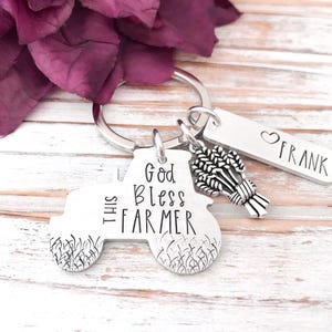 God Bless This Farmer Key Ring Personalized Tractor Keychain Wheat Harvest Fathers Day Farming Gift for Dad Husband