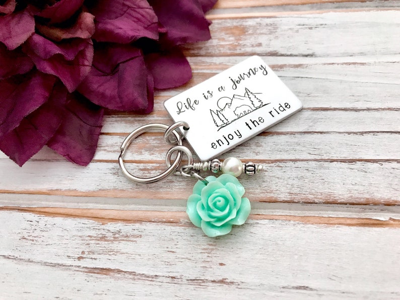 Life Is A Journey Enjoy The Ride Keychain Mountain Range Forest Scene Rose Charm Adventure Seeker Gift