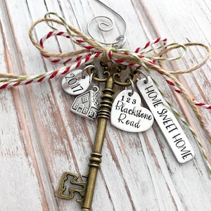 Home Sweet Home Custom Christmas Ornament House Family Housewarming Gift First New Home Hand Stamped Bronze Skeleton Key image 1