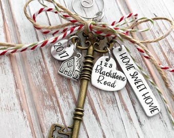 Home Sweet Home - Custom Christmas Ornament - House - Family - Housewarming Gift - First - New Home - Hand Stamped - Bronze Skeleton Key