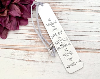 Romans 12:12 Christian Bookmark Hand Stamped Custom Journal Bible Marker Be Joyful In Hope Patient In Affliction Faithful In Prayer