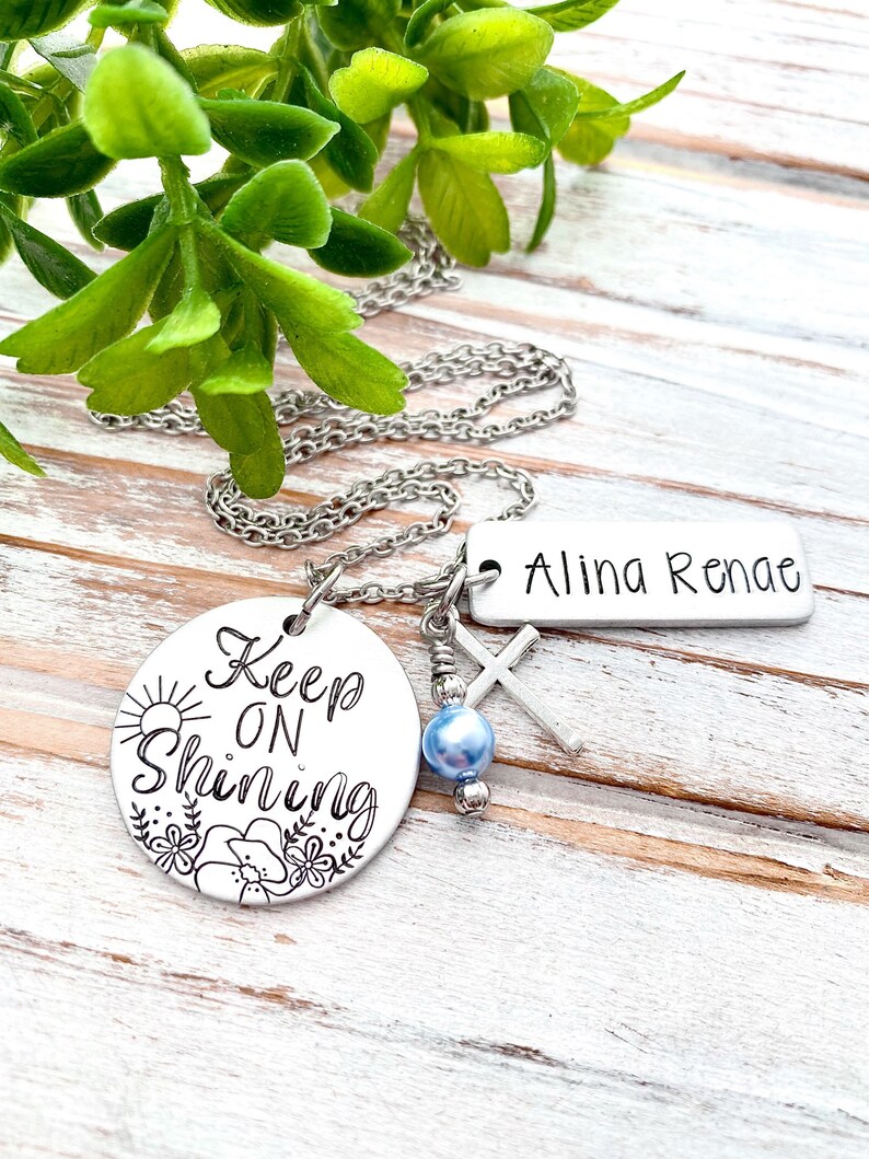 Keep On Shining Hand Stamped Faith Necklace Personalized Name Birthstone Encouragement Inspirational Gift image 1