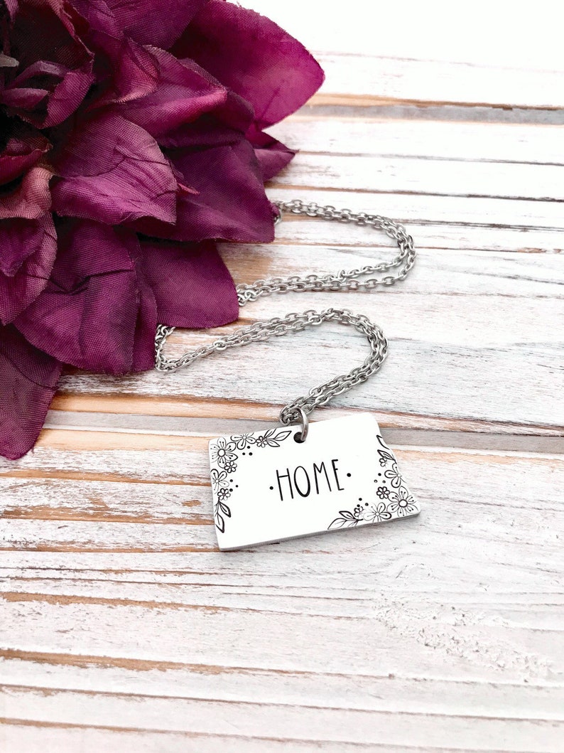 North Dakota Home State Pendant Charm Necklace State Pride Floral Prairie Rose Jewelry